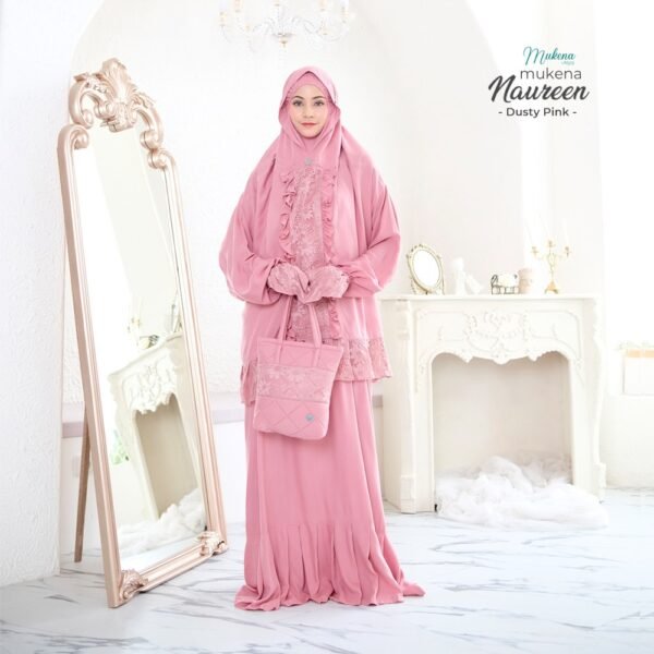 Mukena Naureen ( Dusty Pink, White & Black) | Mukena Potongan Berlengan- Mukena Alya